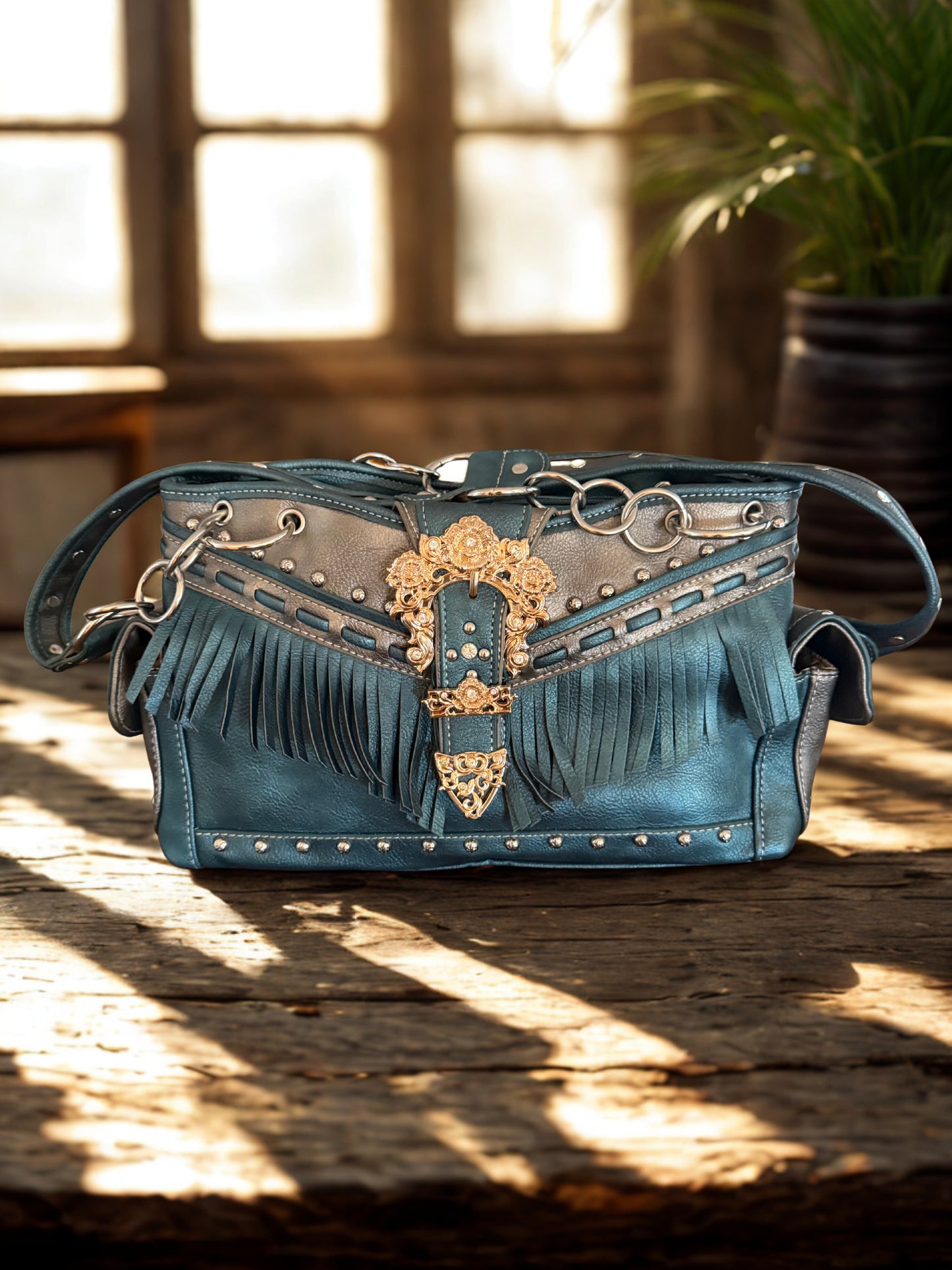 Trendy teal and gold handbag
