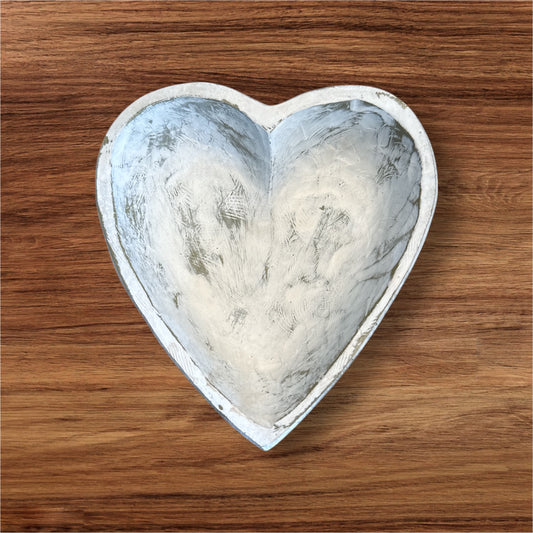 Small Wooden Whitewashed Heart Bowl
