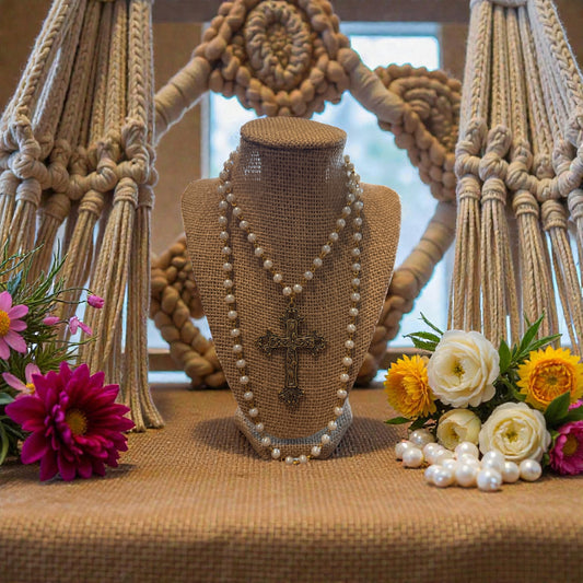 Faux Pearl Beaded Necklace With Antique Gold Cross