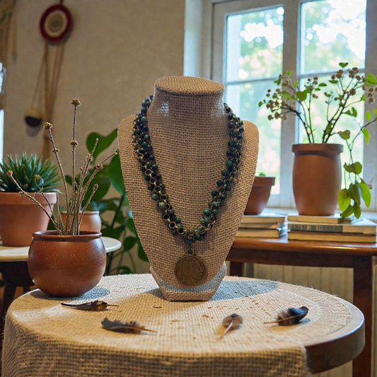 African Turquoise Necklace With Indian Buffalo Coin Pendant