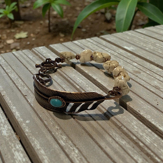 White Turquoise chunky beaded bracelet on copper feather